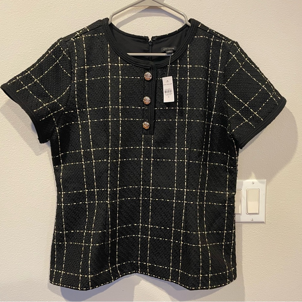NWT Ann Taylor Women’s Black Gold Tweed Short Sleeves Blazer Jacket Size 12